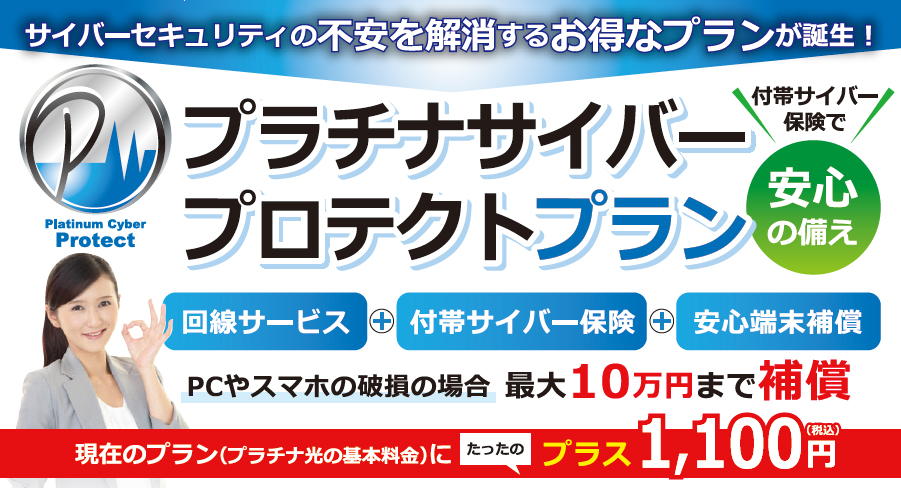 プラチナサイバープロテクトプラン//回線サービス+付帯サイバー保険+安心端末補償　PCやスマホの破損の場合最大10万円まで保証/現在のプラン（プラチナ光の基本料金）にたったプラス1,100円（税込）